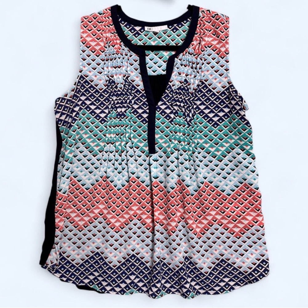DR2 Boho Geometric Tank Top Sleeveless Navy Coral Teal Size M Festival Summer‎